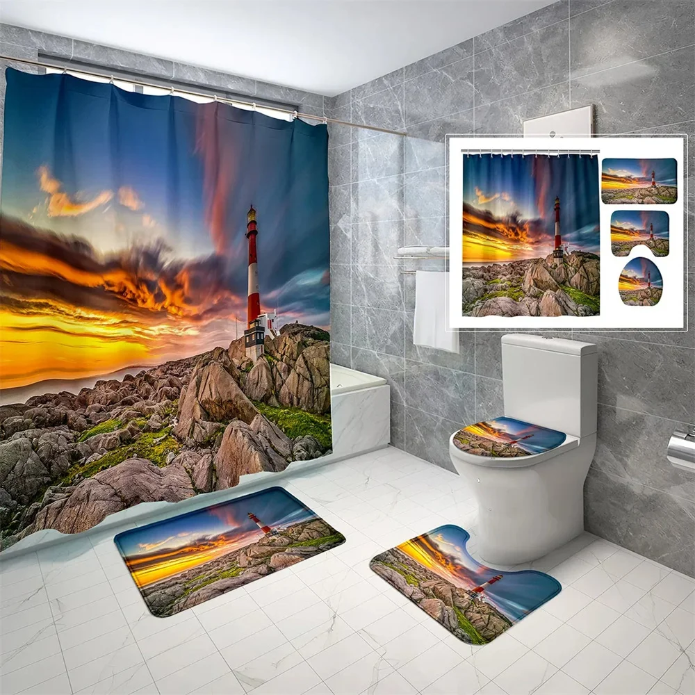 

Seaside Lighthouse Shower Curtain set non-slip Carpet Floor mat Toilet cover Shower Curtain Bathtub Partition Bathroom Decoratio