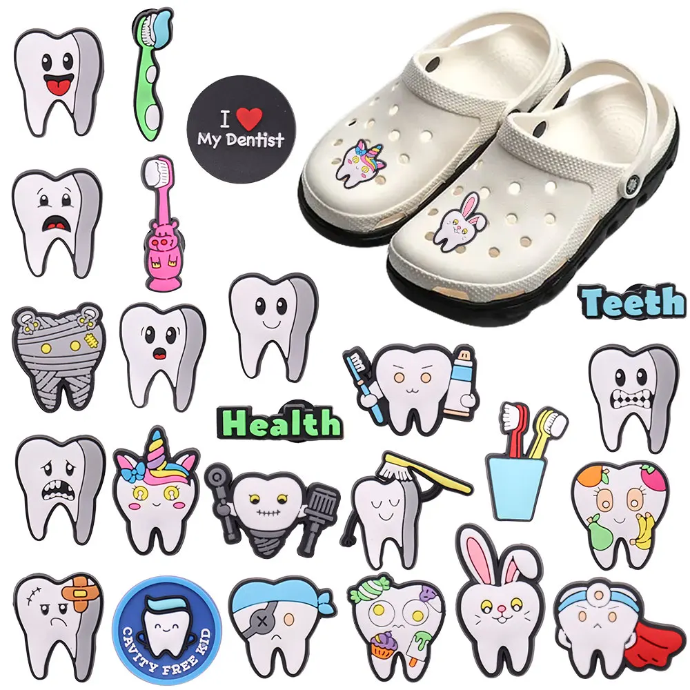 1-24pcs Teeth Dental Health Boys Girls Shoe Charms DIY Clogs Decorations Fit Cute Sandals Buckle Birthday Gifts