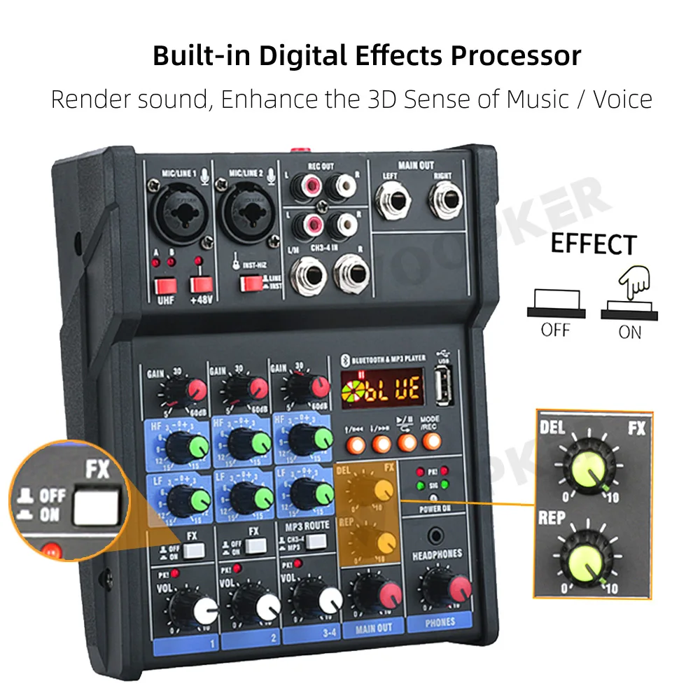 Woopker-Console Mixer Áudio com microfone sem fio, mistura de som, Bluetooth, entrada USB, DJ Mixer, 4 canais