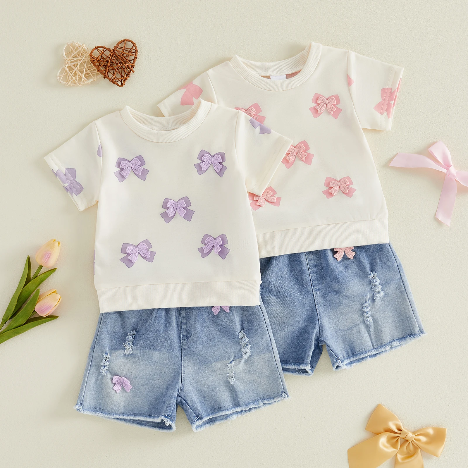 Summer Kids Toddler Baby Girl Shorts Set Bow Short Sleeve T-shirt Ripped Denim Shorts Outfit Clothes
