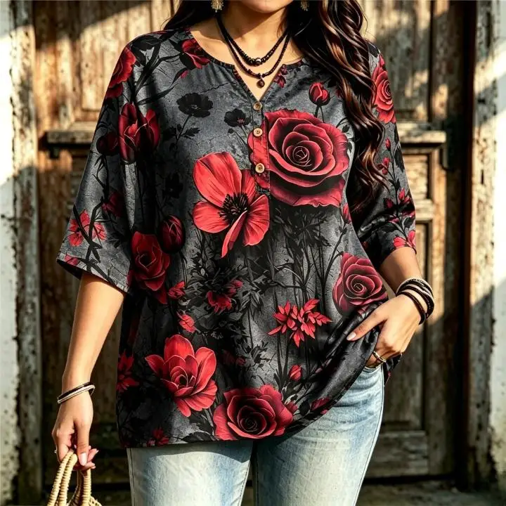 Women Vintage Rose Floral Print Blouse Notched Neck 3/4 Sleeve Loose Curvy Fit Casual Ladies Tops Retro Flower Pattern Shirts