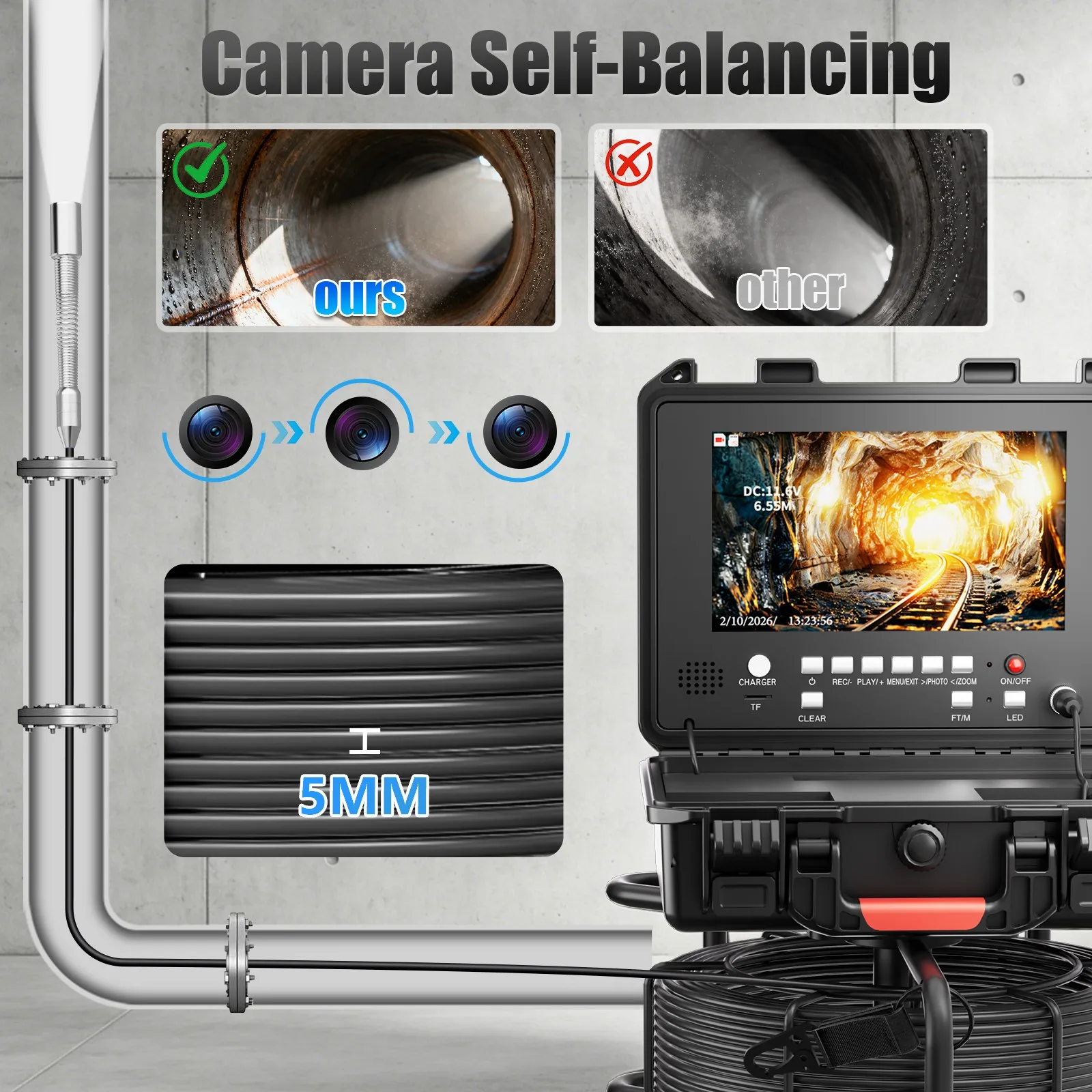 Sewer Pipe Inspection Camera 9" IPS 1080P Screen and  Self-Leveling +512HZ Locator Video+Audio Recording +Meter Counter view 5