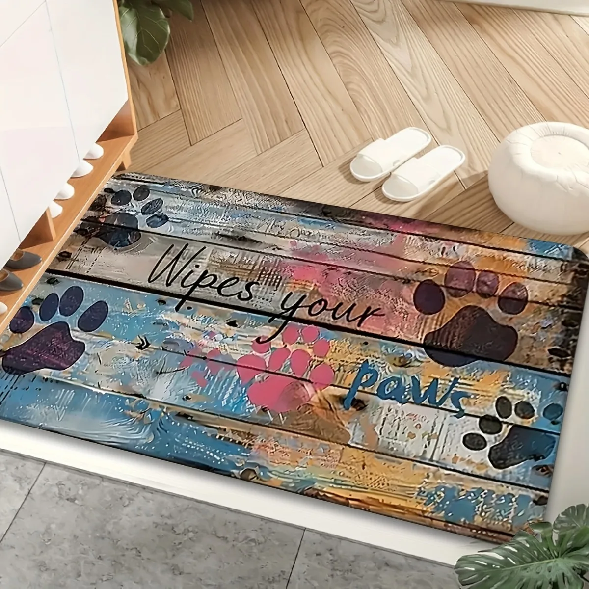 Rustic Paw Print Door Mat Multicolored Animal Footprint & Quote Art Rug Charming Decor Choice for Pet Friendly Home Space