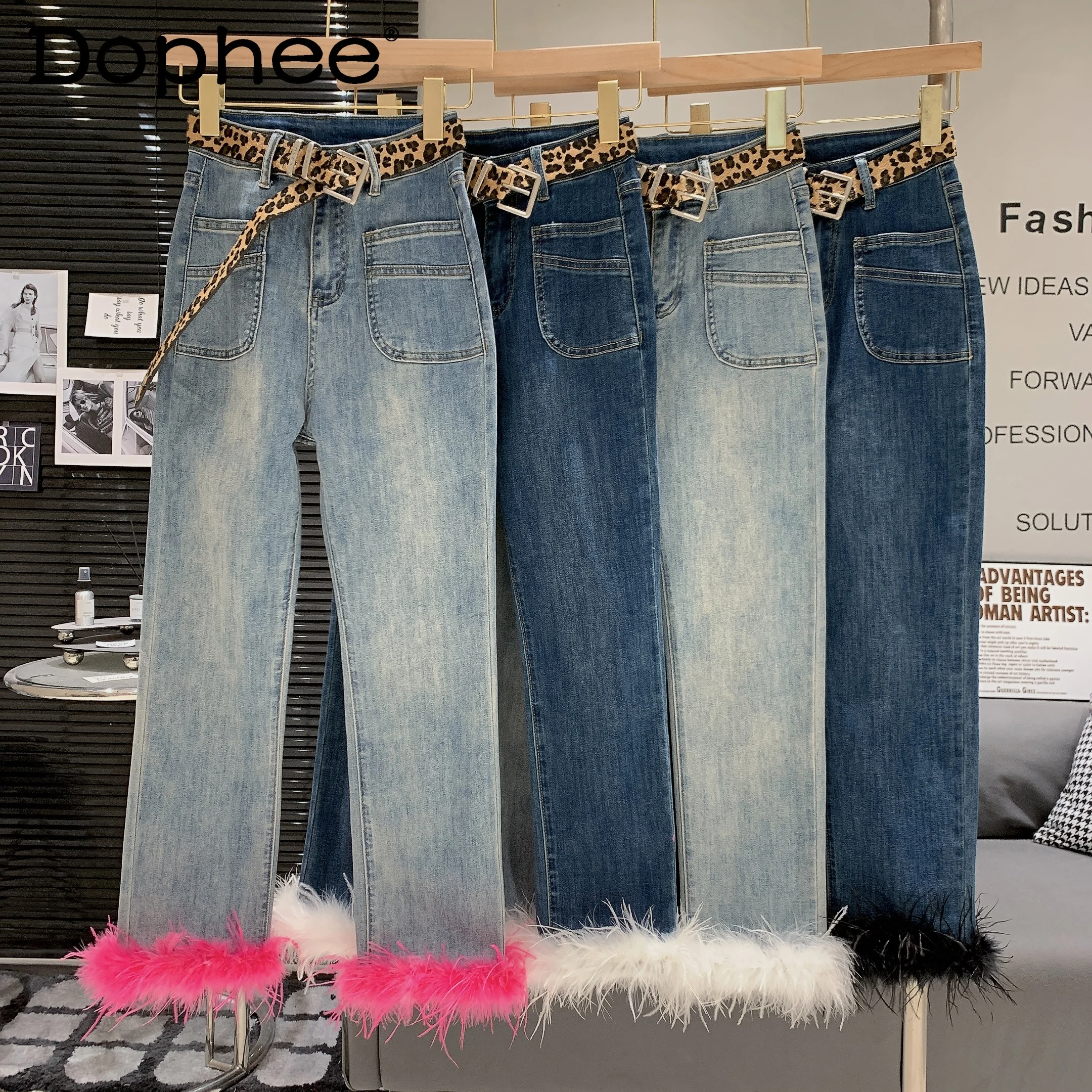 

Korean Sexy Girl Fashion High Waist Jeans Women Leopard Print Belt Feather Splicing Skinny Elastic Denim Pants Pencil Pants