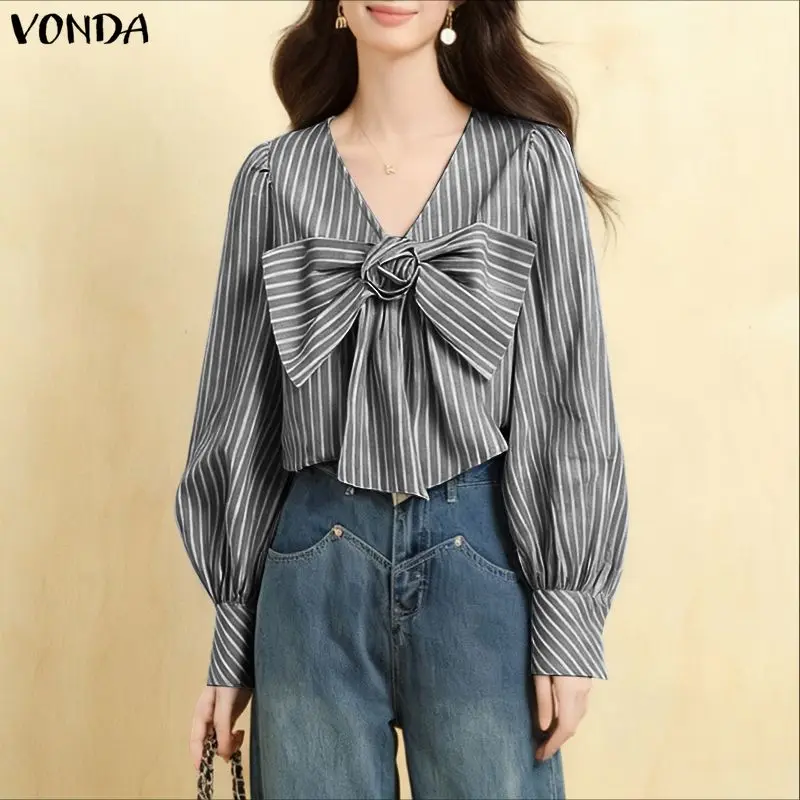 

Модная блузка VONDA для женщин: повседневная рубашка с длинным рукавом, V-образным вырезом, в полоску, весна 2026, свободного кроя, с 3D цветочным бантом, элегантная туника, уличный стиль