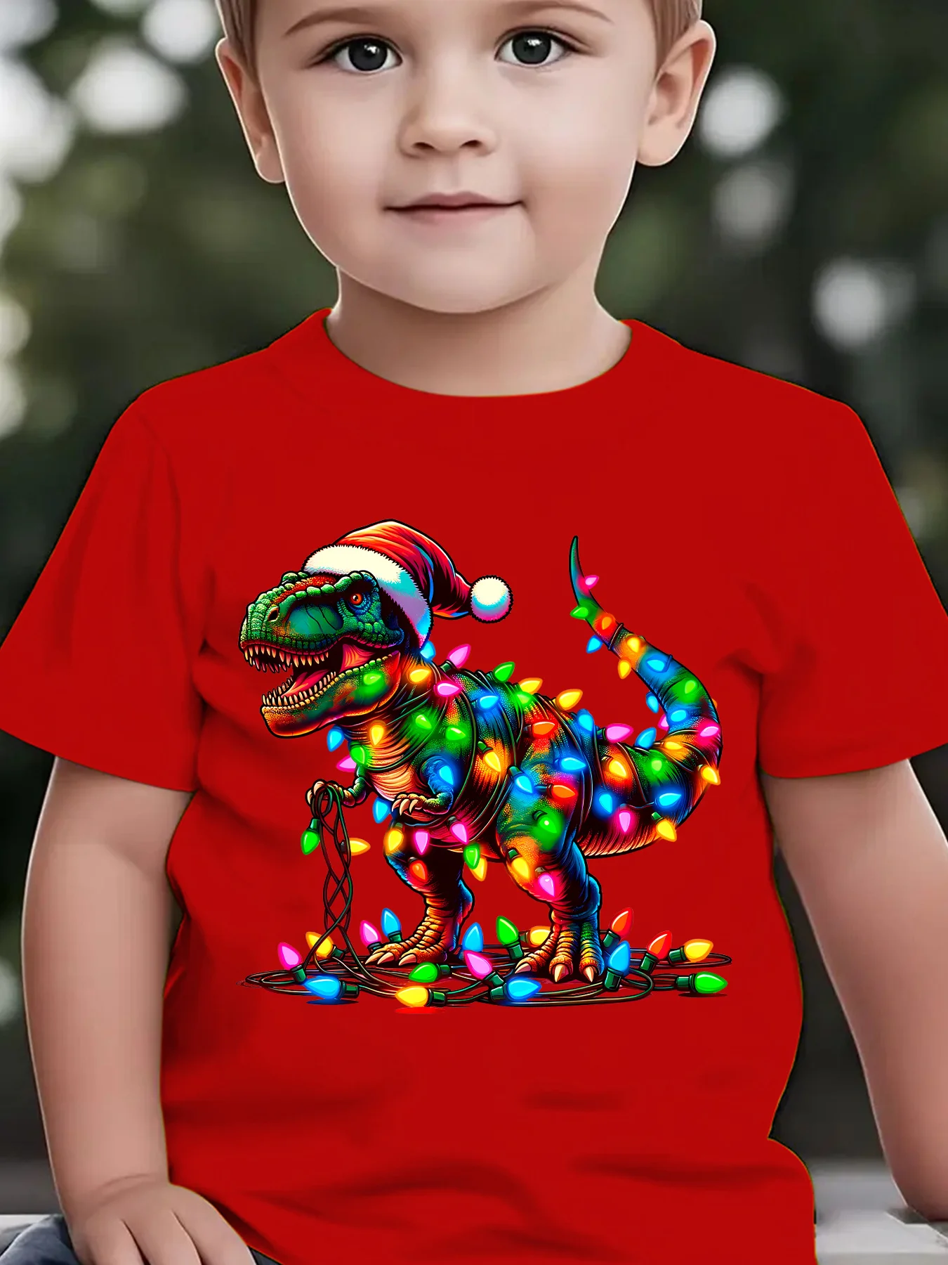 Christmas and summer children's fashionable T-shirt with colorful lights and a dinosaur print family wearing a Christmas hat