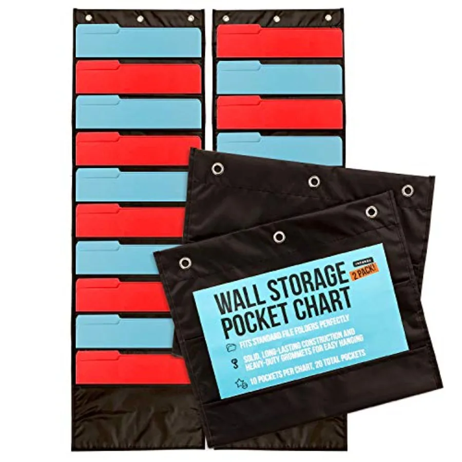 

Deep File Pocket Chart - 47 x 14 in, Black - 2-Pack 20-Pocket Chart for Classroom Folders - Reinforced Grommets and Wall File H