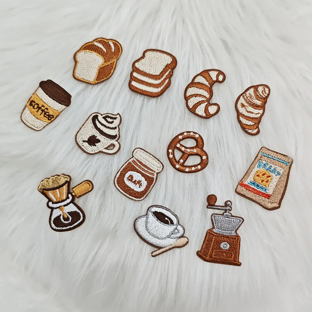 4-12 Stück Stickerei-Aufnäher mit Kaffee-Brot-Motiv, zum Aufbügeln, DIY-Dekoration für Kleidung, Jacken, Rucksäcke, Applikationen