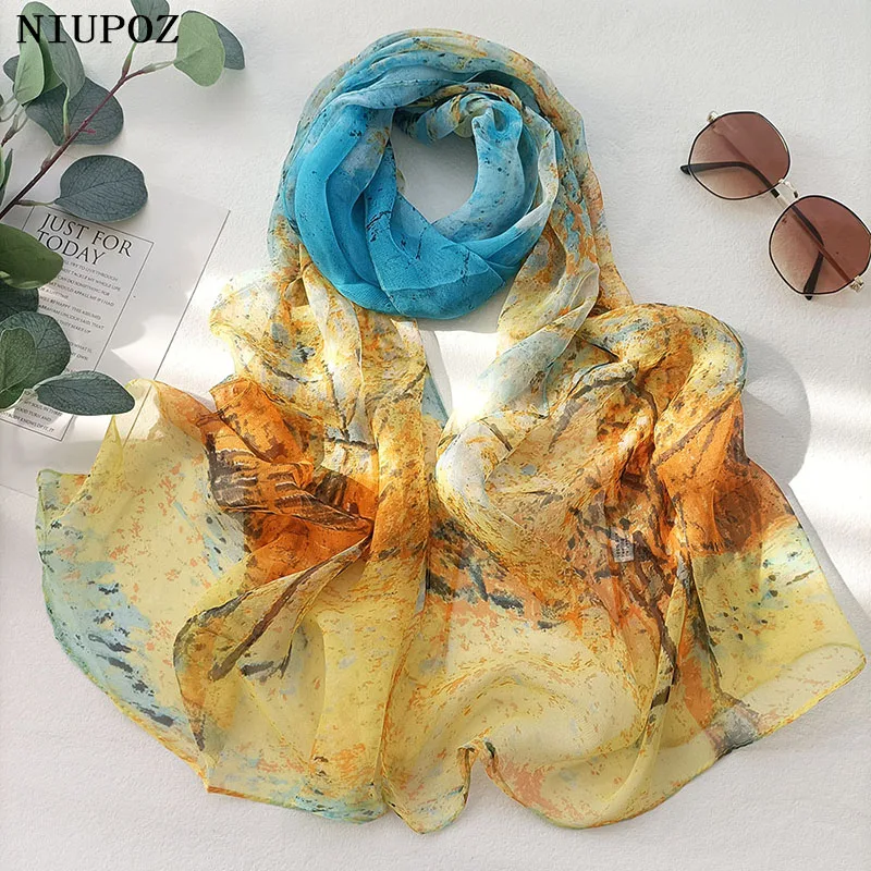 Women Foulard Bandana Elegant Gradient Color Life Tree Flower Chiffon Georgette Scarf Long Shawl Summer Multiple Colour