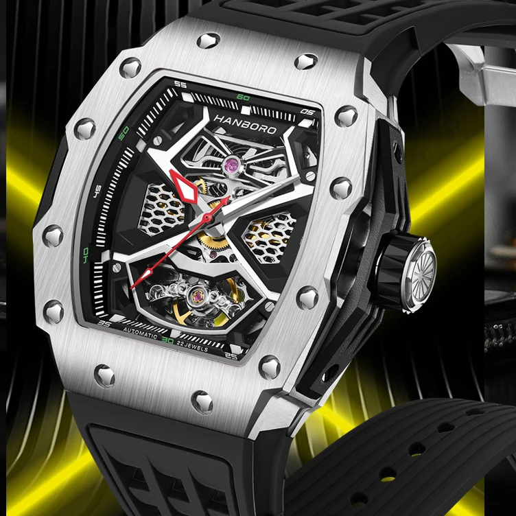

HANBORO Мужские автоматические часы 43 мм Роскошные модные механические наручные часы Светящийся скелетон Tonneau Корпус Водонепроницаемый резиновый ремешок