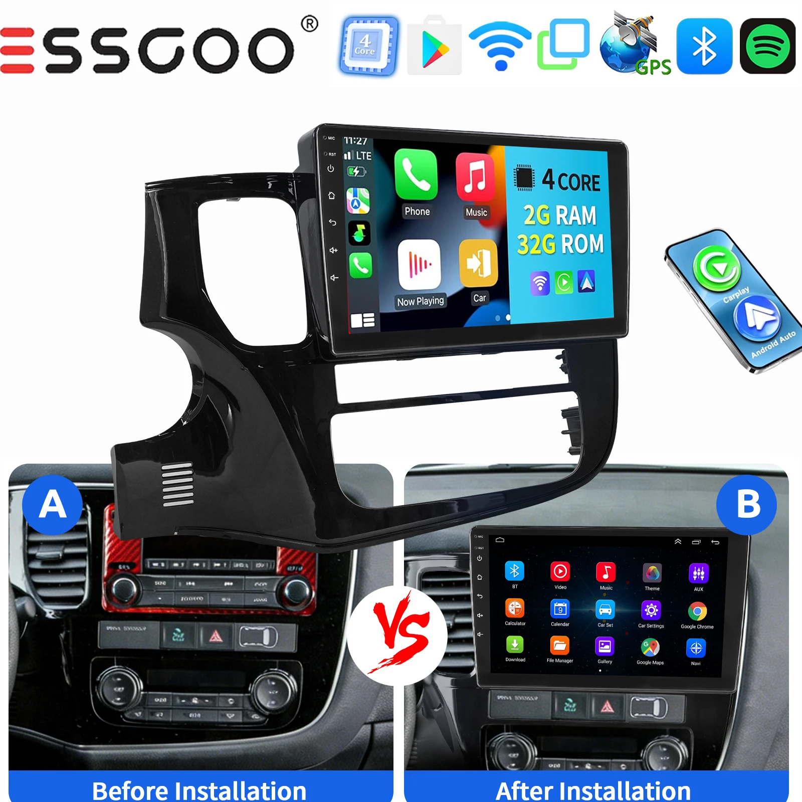 ESSGOO Draadloze Carplay Android auto 10 Inch IPS Aanraakscherm Voor Mitsubishi Outlander 2012-2018 Autoradio Android 15 GPS-navigatie WIFI Stuurwielbediening RDS Bluetooth FM Spiegellink ASP-geluid