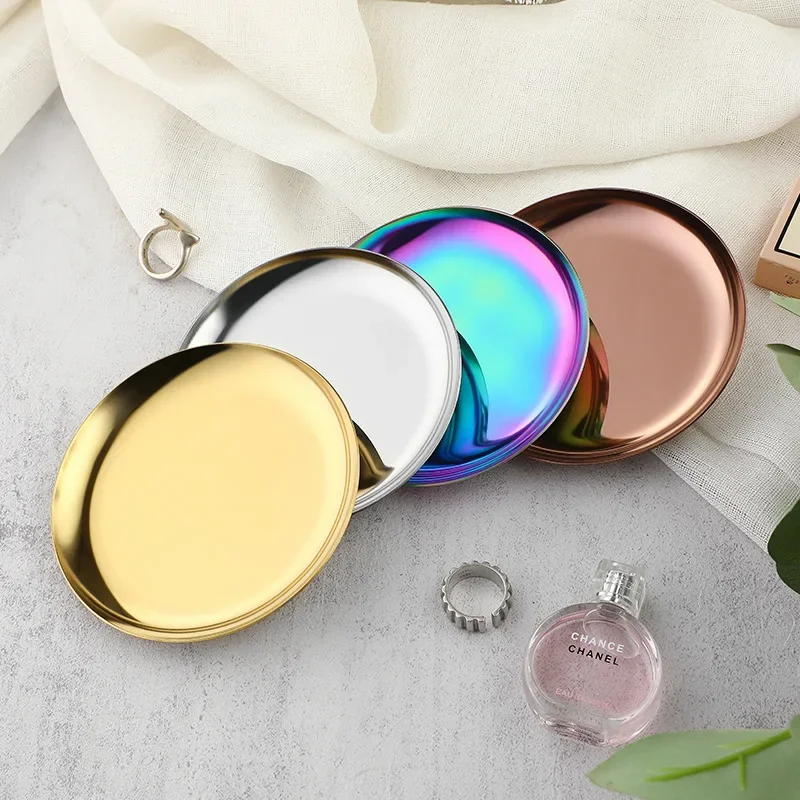 Metal Decorative Trays 10cm Round Stainless Steel Plates Home Decoration Candle Holder Dish Jewelry Display Trays Desk Organizer