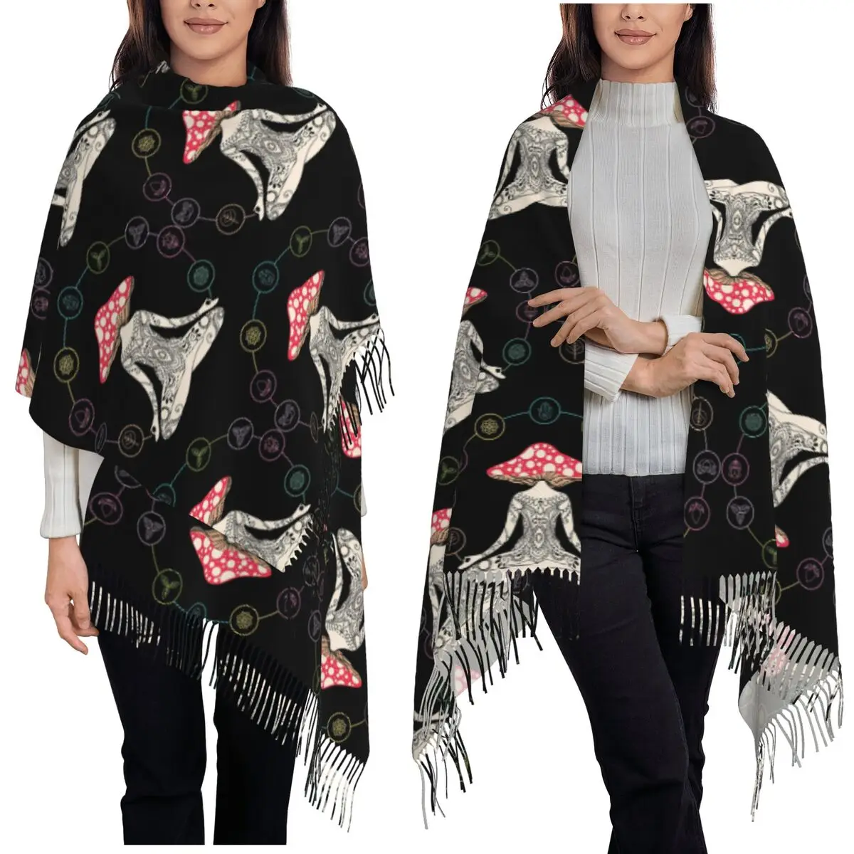 

Women's Funny Meditation Mushroom Magic Mushroom Buddha Scarf Tassel Scarves Warm Shawls and Wraps Long Fall Winter Shawl Wrap