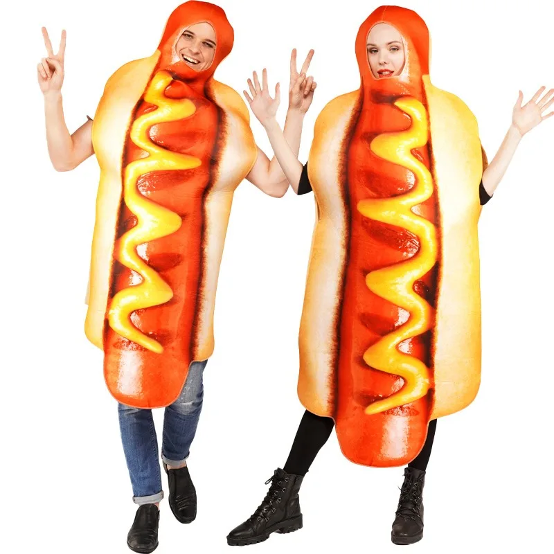 High Quality Couple Costume Halloween Funny Hot Dog Onesie Adult Hot Dog Cosplay Costumes Stage Show Hot Dog Costumes