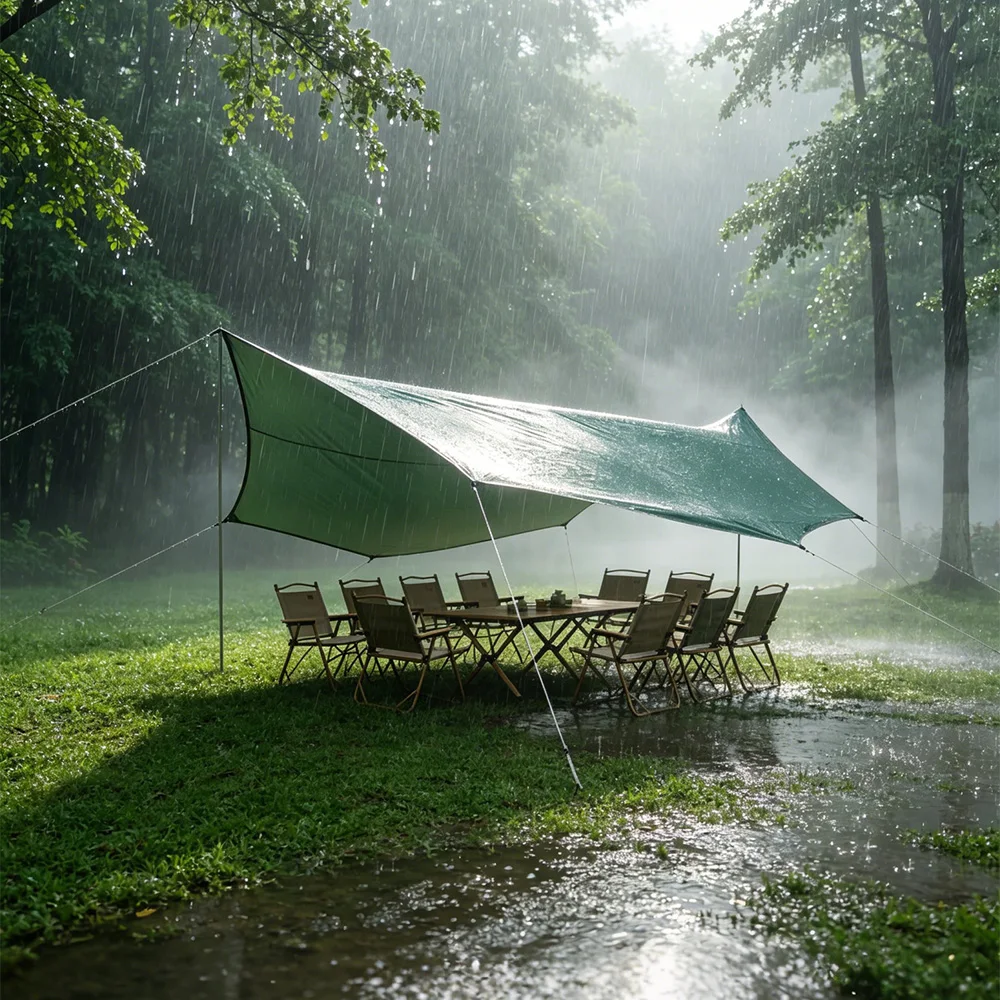 Große achteckige Campingplane 5,1x5,1m, silberbeschichtet, wasserdicht, Sonnenschutz (mit 2,8m Stangenset / 17x17ft Planenmaterial) – Detail 1