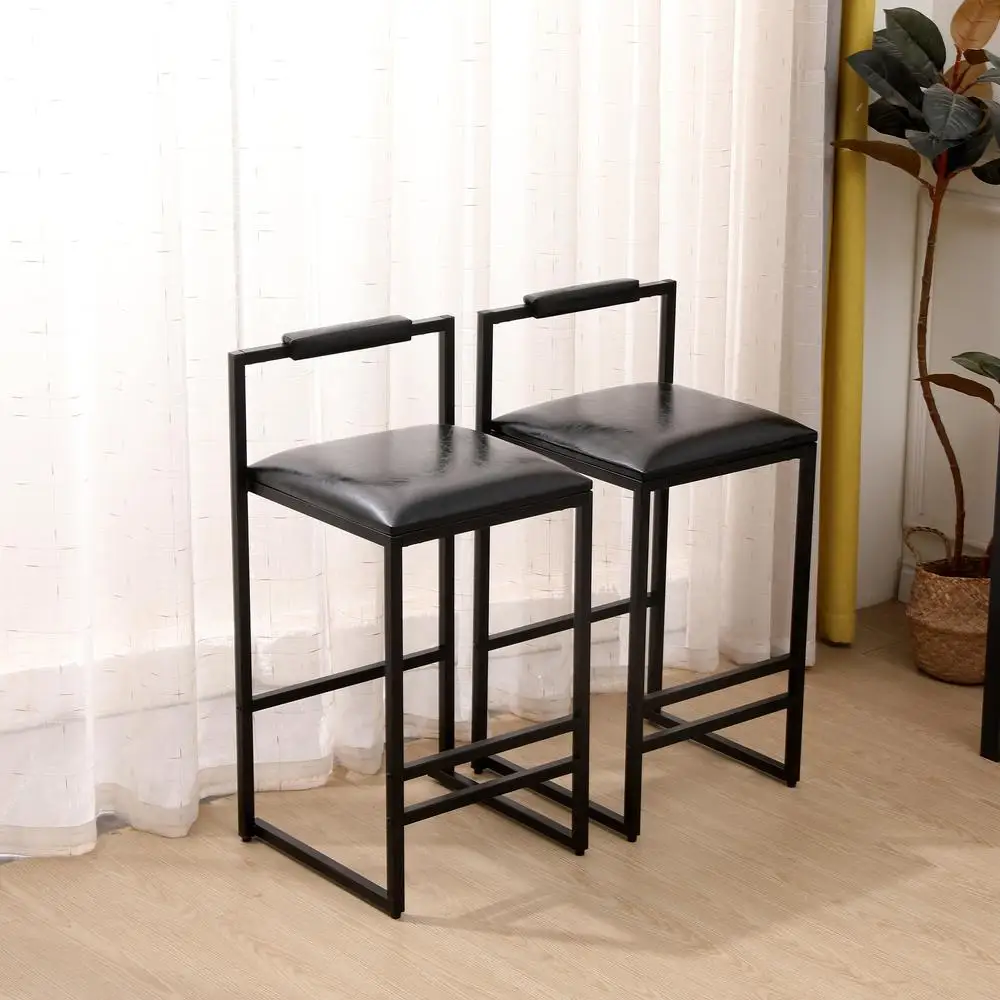 

Black Bar Stool Set of 2 Counter Height PU Leather Upholstered Bar Chairs with Backrest Footrest Modern
