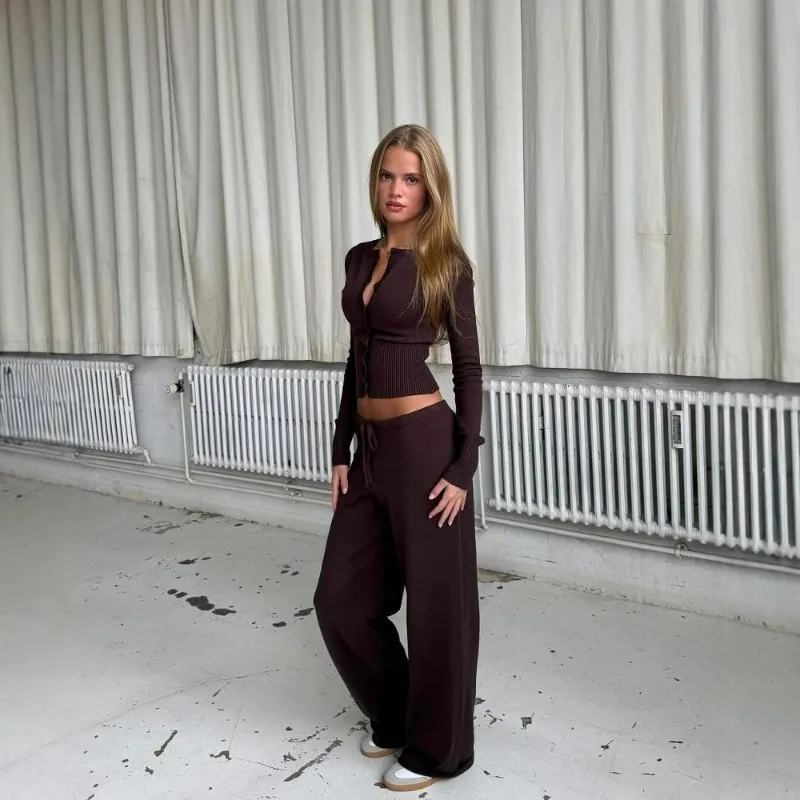 

New Sexy Knitted Suit Slimming Buttons Long-sleeved Low-waisted Casual Trousers Two-piece Set for Women Pure Color Matching Sets