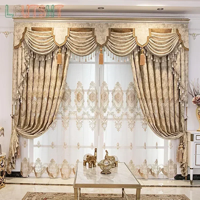 

European-style Curtains for Living Dining Room Bedroom High-end Embroidered Light Luxury Chenille Villa valance Customization