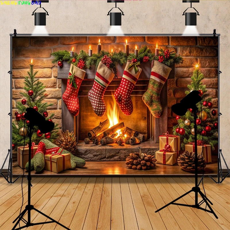 

New Year Christmas Day Digital Photography Backdrop Prop Fireplace Winter Living Room Gift Holiday Photo Studio Background RS-22