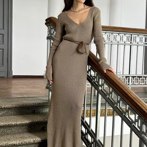Heiße Winter -Frauen gestricktes Kleid elegant v -dick V -Vintage -Kleid Vintage Midi Ärmel Freizeitkleider für Frau 8 Hauptverkäufe langes braunes Kleid - №2