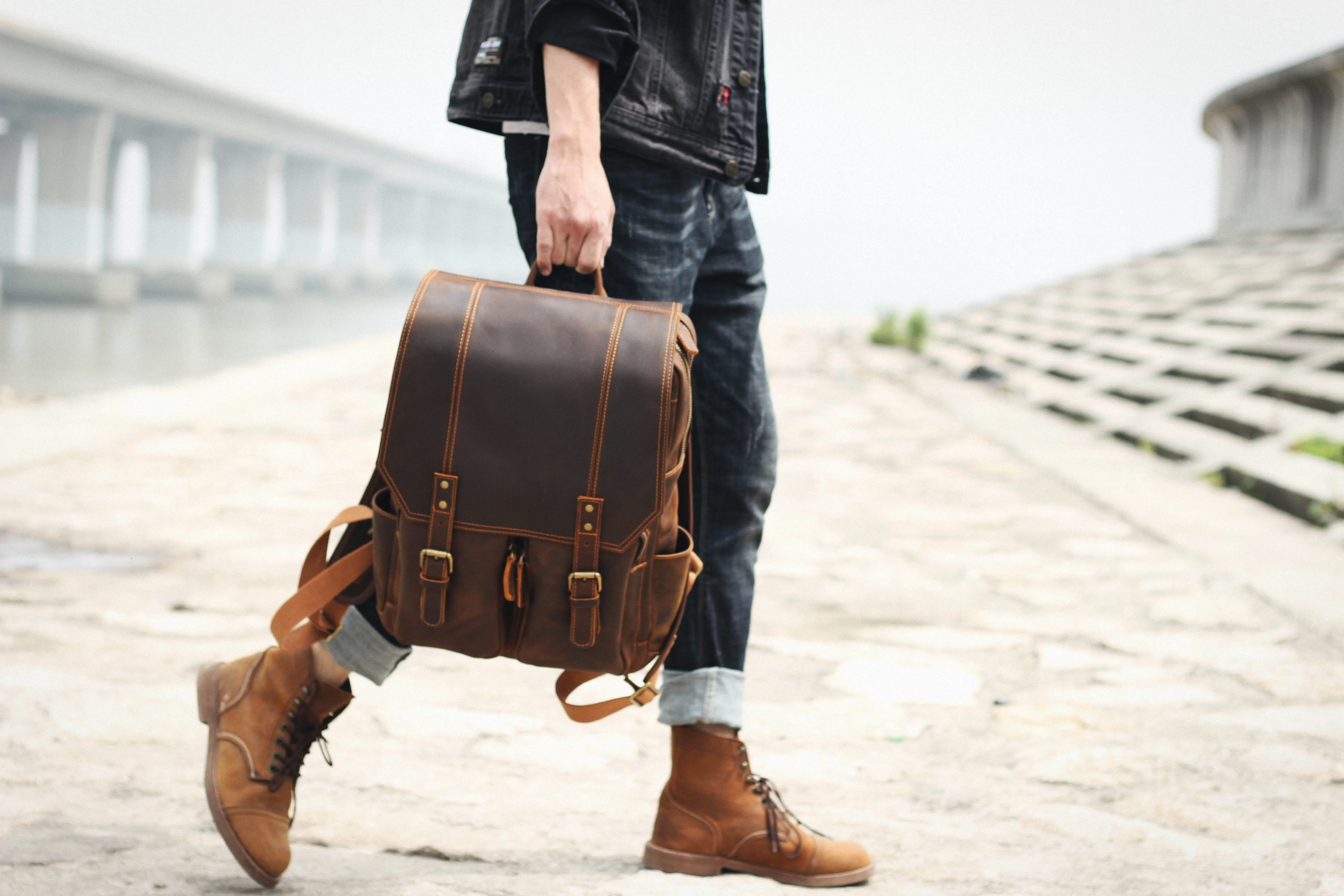 S.WORKER Vintage Echtleder-Rucksack Laptop-Tasche Lässige Crazy-Horse-Leder Schultasche Outdoor-Reise-Weekender-Tasche – Detail 6
