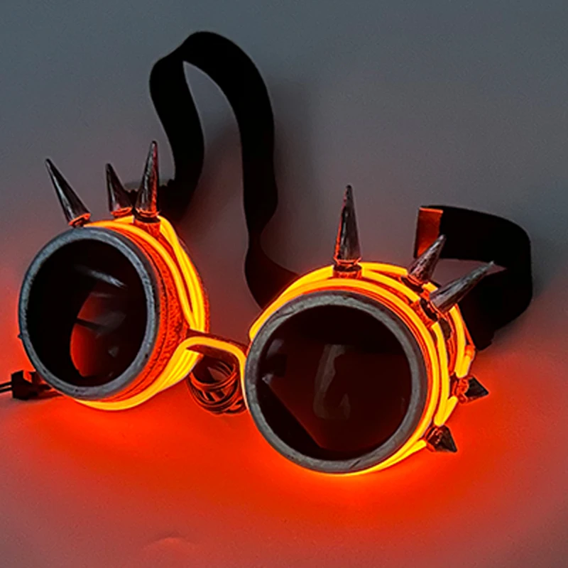 Cool Glowing Steampunk Glasses with Spikes Cyberpunk Luminous Glasses Halloween Mechanized Killer Gothic Cosplay Props