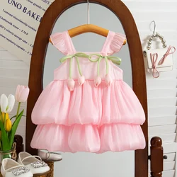 Baby Girl's Summer New Four Little Flower Bud Suspender Dress With Flying Sleeves Fashionable And Cute Birthday Party Cake Skirt