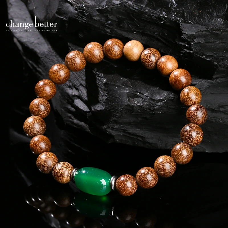 Natural Wooden Bead Golden Silk Sandalwood Bracelets Women Vintage Green Agate Barrel Bead Design Yoga Meditation Buddha Jewelry