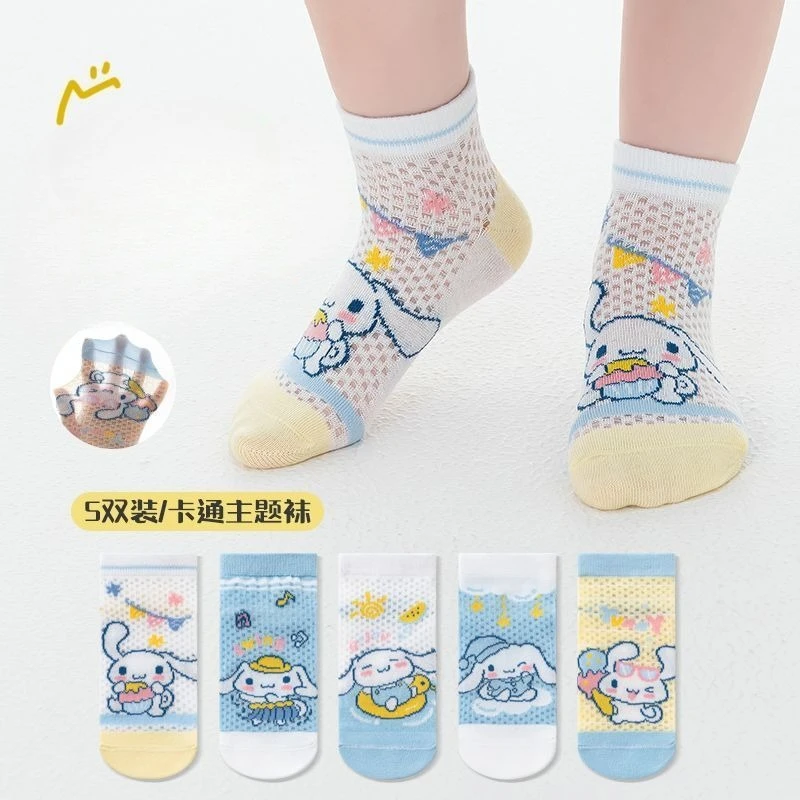 Hello Kitty Cinnamoroll Anime Kawaii Sanrio Calzini casual per bambini Estate Carino Kuromi Calza in rete di seta ghiacciata Regali per bambini