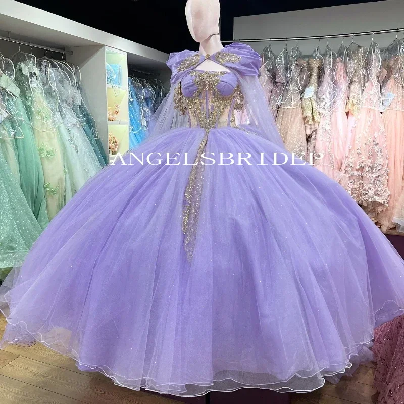 

ANGELSBRIDEP Charming Lilac Ball Gown 15 Year Old Quinceanera Dresses 2025 With Cape Princess Birthday Party Dress