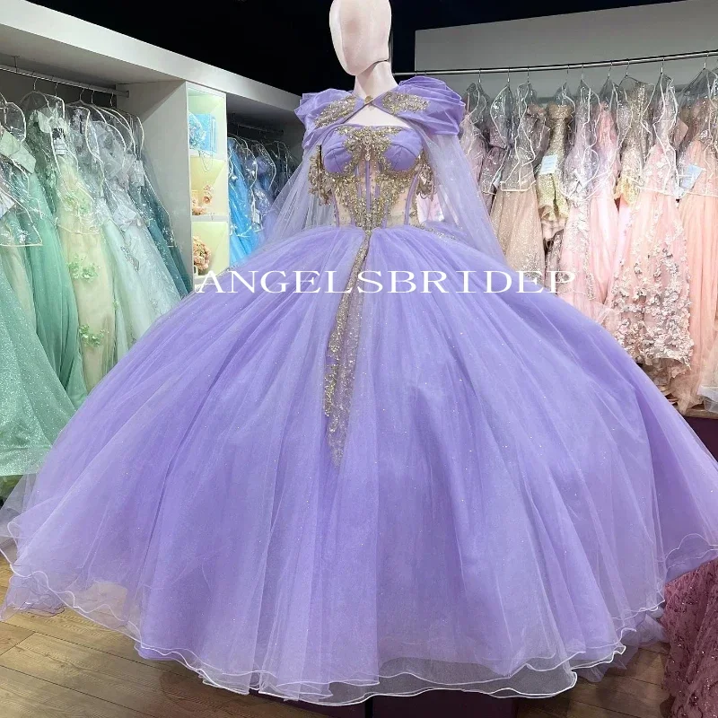 ANGELSBRIDEP Charming Lilac Ball Gown 15 Year Old Quinceanera Dresses 2025 With Cape Princess Birthday Party Dress