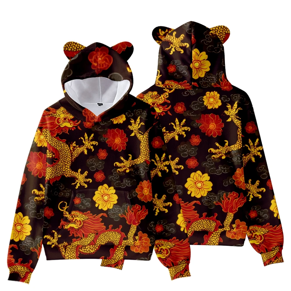 سويت شيرت نسائي بغطاء للرأس من Oriental Streetwear بتنين صيني ذهبي وطباعة زهور مع آذان دب لطيفة على طراز هاراجوكو #1