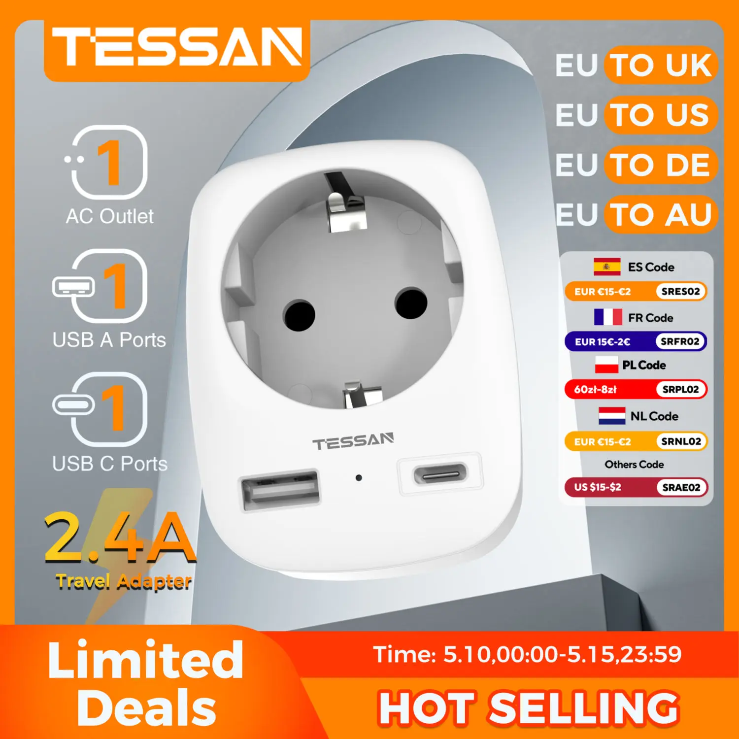 Adaptateur de voyage TESSAN UE vers Royaume-Uni, États-Unis, Allemagne, Australie, prise murale portable avec 1 prise et 2 ports USB Type C, adaptateur de voyage avec prises Type G, A, I, F