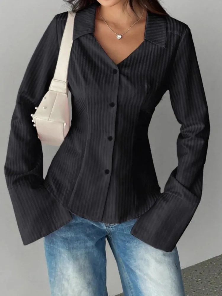 

Fashion Striped V Neck Shirt For Women Casual Long Sleeve Button Shirts Tops Lady Holiday Office Chic Women's Clothing Spring
