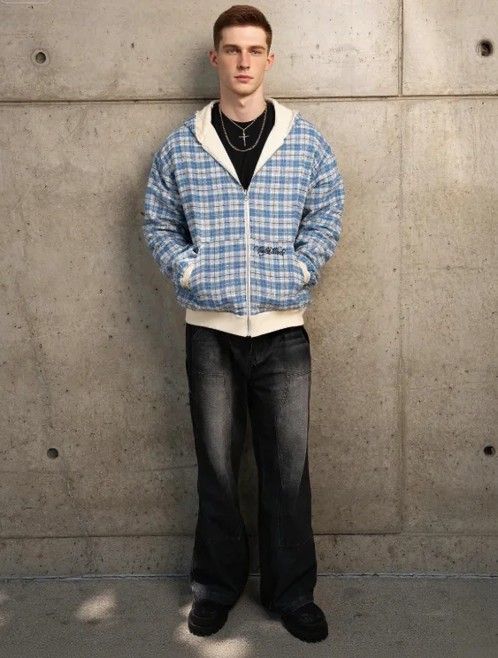 Spring and Autumn New American Trendy Brand Double Sided Stand Up Hoodie, Cardigan, Casual Workwear, Plaid Jacket