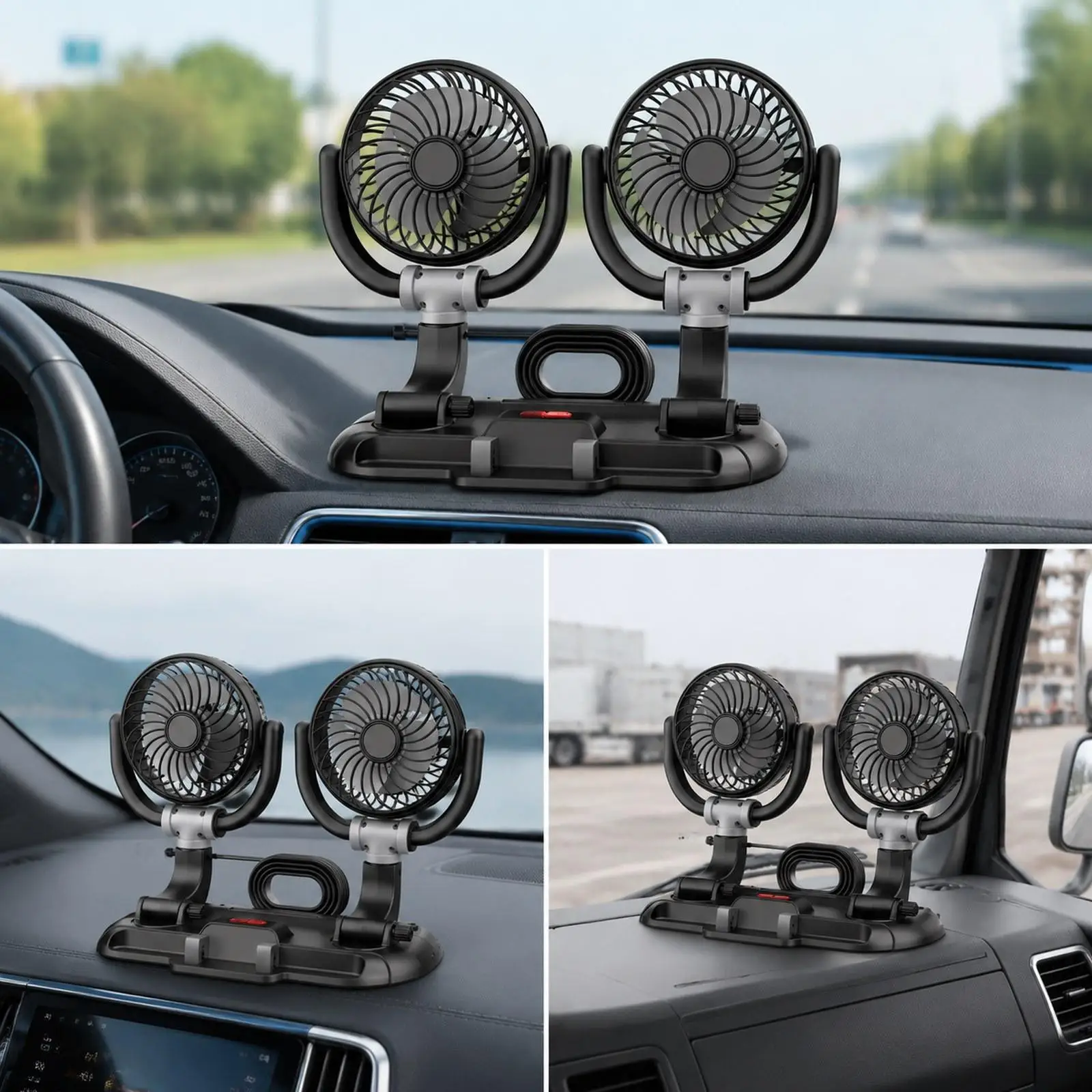 Quiet Portable Dual Head Car Fan Three Speeds Air Conditioner Supplement Auto Fan for Car Dashboard Universal