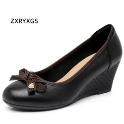 ZXRYXGS Classic Bow Women Genuine Leather Shoes Comfort Wedges Shoes New 2025 Bestselling Spring Elegant and Elegant High Heels