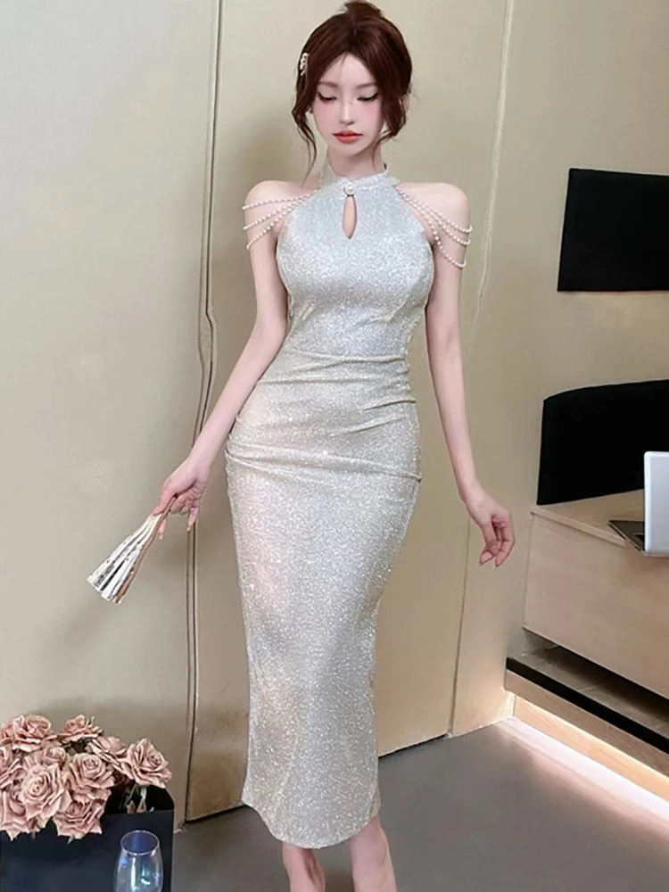 Women Purple Luxury Beading Neck-mounted Sexy Dress Spring Summer Elegant Dance Party Dress 2025 Korean Vintage Bodycon Vestidos