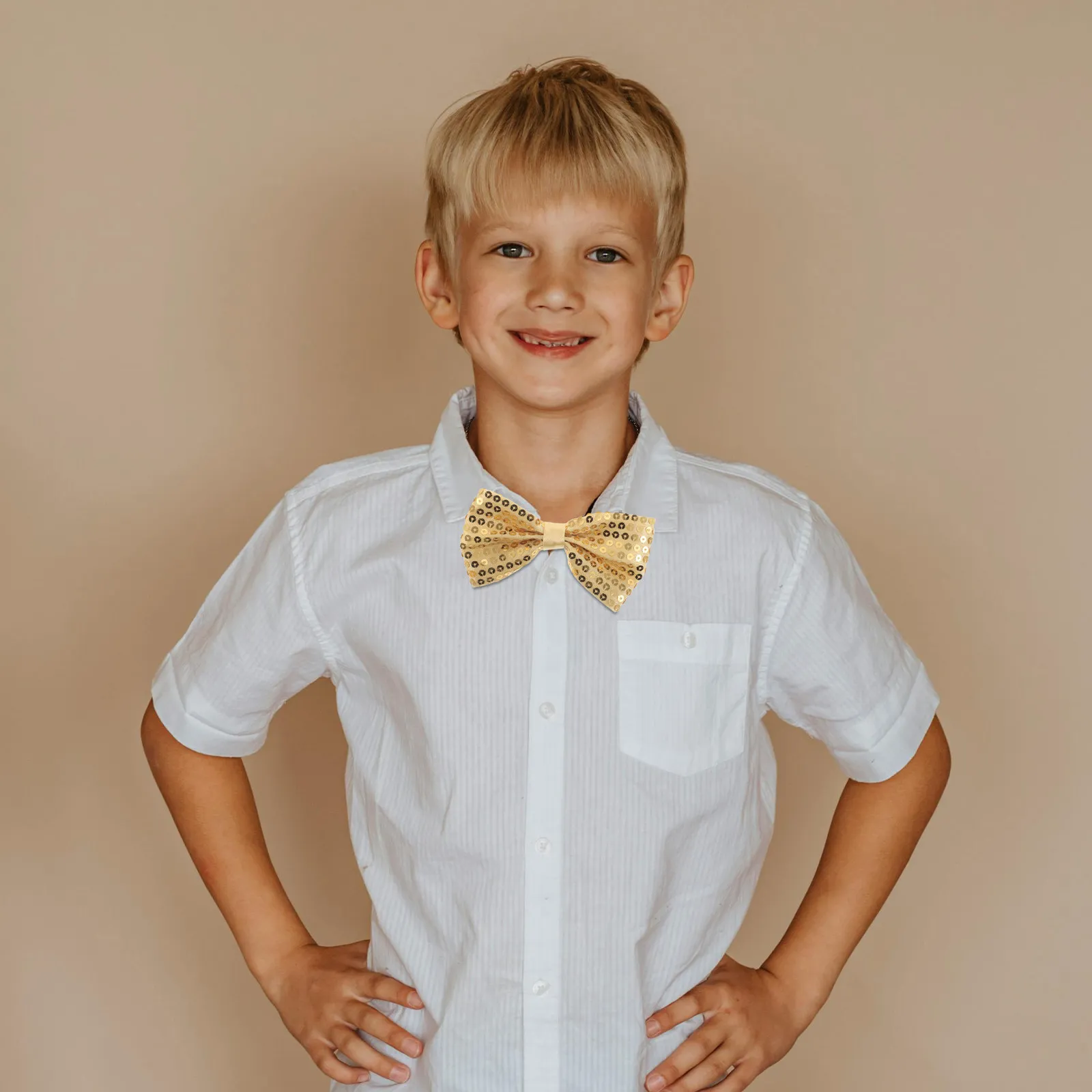 5Pcs Boys Bow Tie Silver Sequin Pre-Tied Adjustable Children's Costume Bow Tie for Graduation Party Wedding Stage Performance