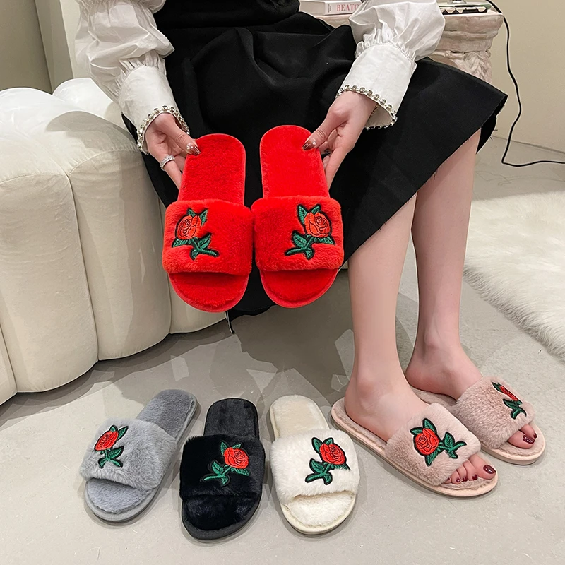 Women Autumn Winter Rose Flower Embroidery Furry Fur Slippers Fluffy Faux Fur Slides Warm Plush Slippers open-toe House Shoes view 5