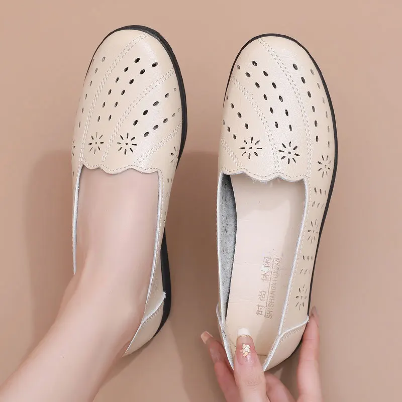 Summer Women Fashion Leather Casual Shoes Women's Sneakers Hollow Out Breathable Slip-on Flats Shoes Ladies Shoes
