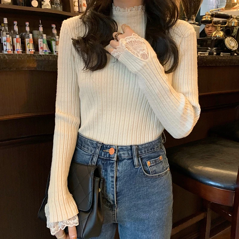 

2024 Women Lace Patchwork Half High Collar Long Sleeved Knitted Bottoming Shirt Autumn Winter Casual Design Sense Slim Sweater