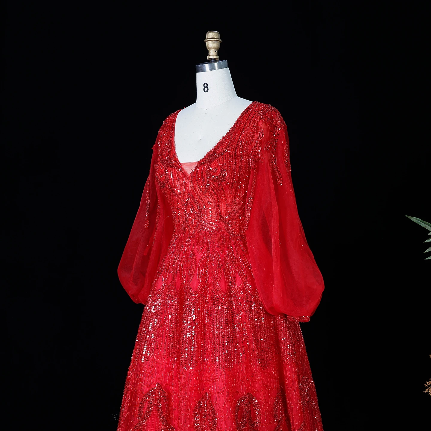 Sharon Said Luxuriöses Rosa Abendkleid mit Perlenstickerei, V-Ausschnitt, A-Linie und Puffärmeln, 2026 Damen Hochzeitsfeier SS057, Maßanfertigung – Detail 13