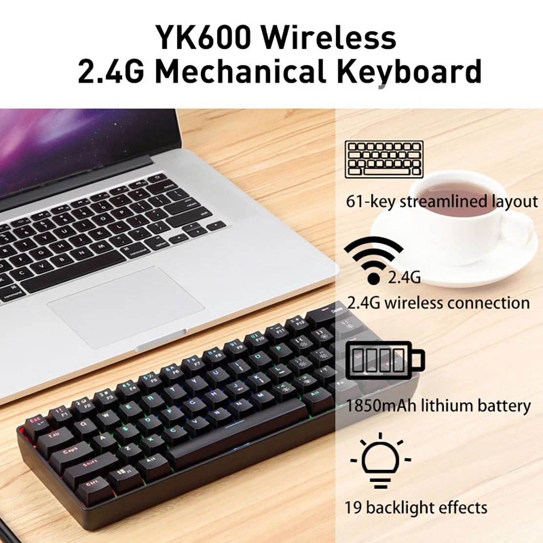 YK600 Mechanical Keyboard 61 Keys RGB Backlight 2.4G+ Wired Dual Mode 60% Compact Mechanical Keyboard(Russian Version)