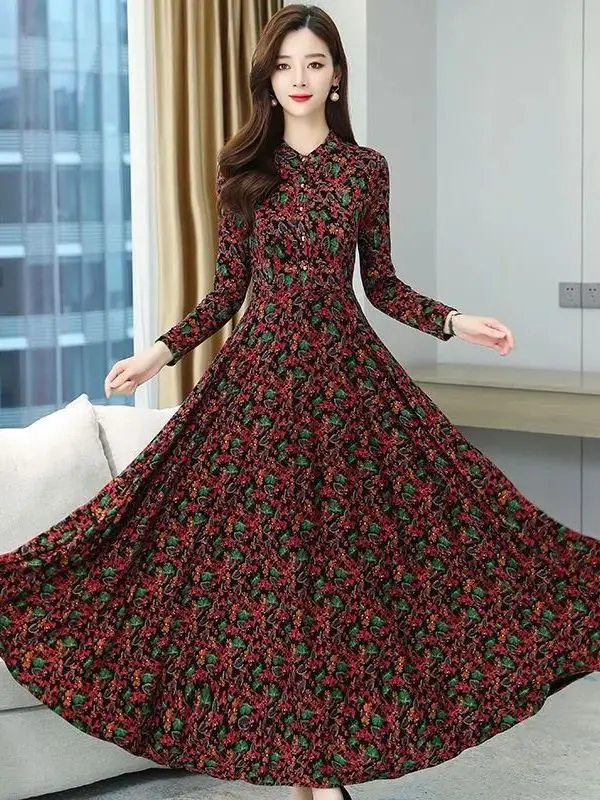 

Ele Large Size Floral Print Long Sve Dr for Women over 300 Pou Spring Ci Walk Casual High Waist A-Line Dr