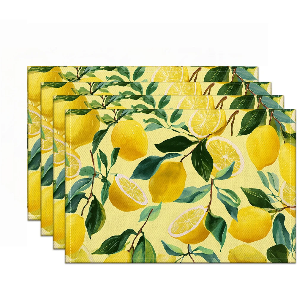 Vibrant Green Lemon Leaf Printed Placemats Botanical Fruit Table Decor Cream Background Sideboard Display Summer Home Decor