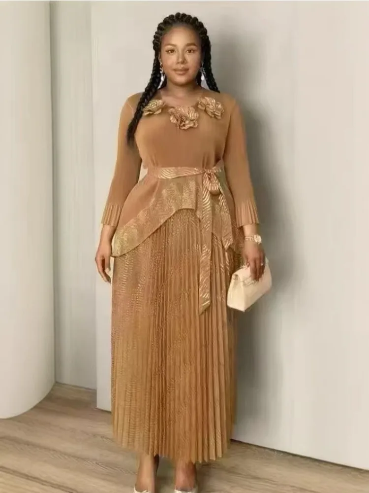 

2025 Winter New Miyake Three-dimensional Flower Dress Two-piece Set Top Long Lace-up Pleated Skirt Pleated Suit Women's Clothing