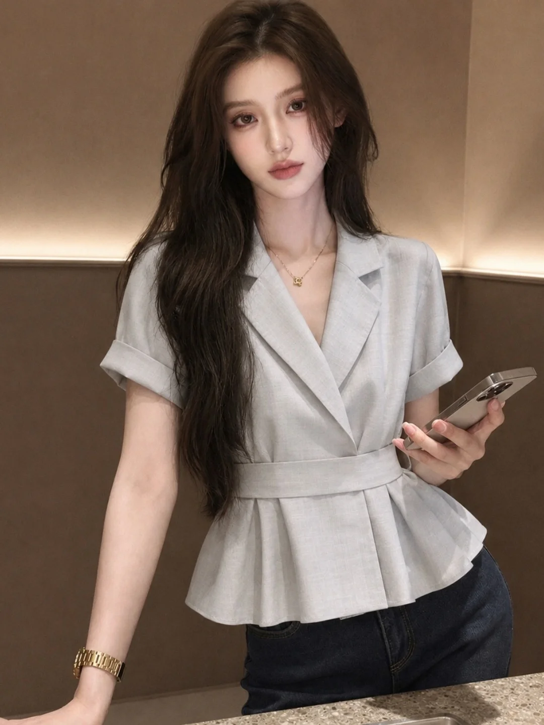 

Slim Fit Short Sleeve Shirt Women's Pure Color Waist-Cinching Summer Design Korean Style Commute Fashion Casual Top