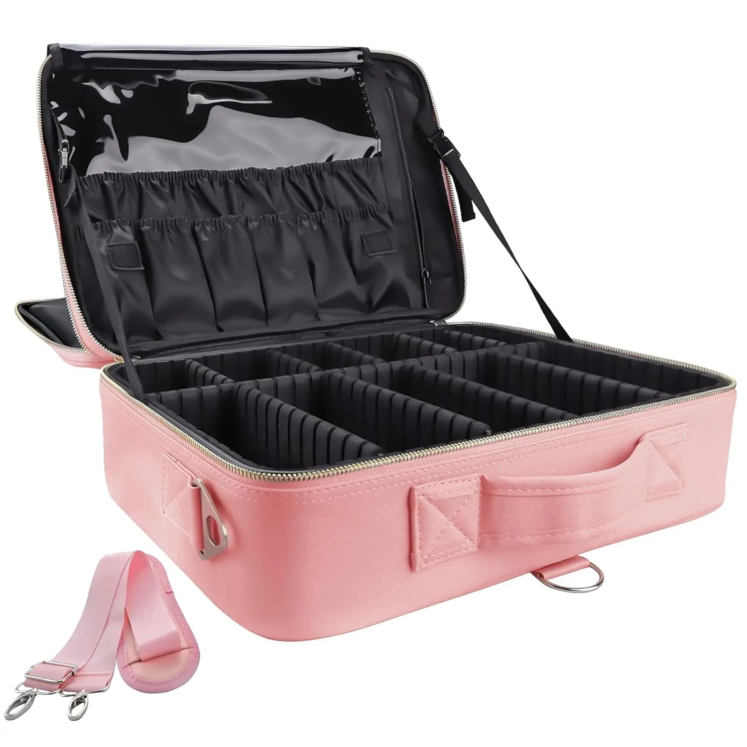 

Travel Makeup Case Organizer,Professional Cosmetic Bags For Women,Waterproof PU Leather Makeup Bag With Adju