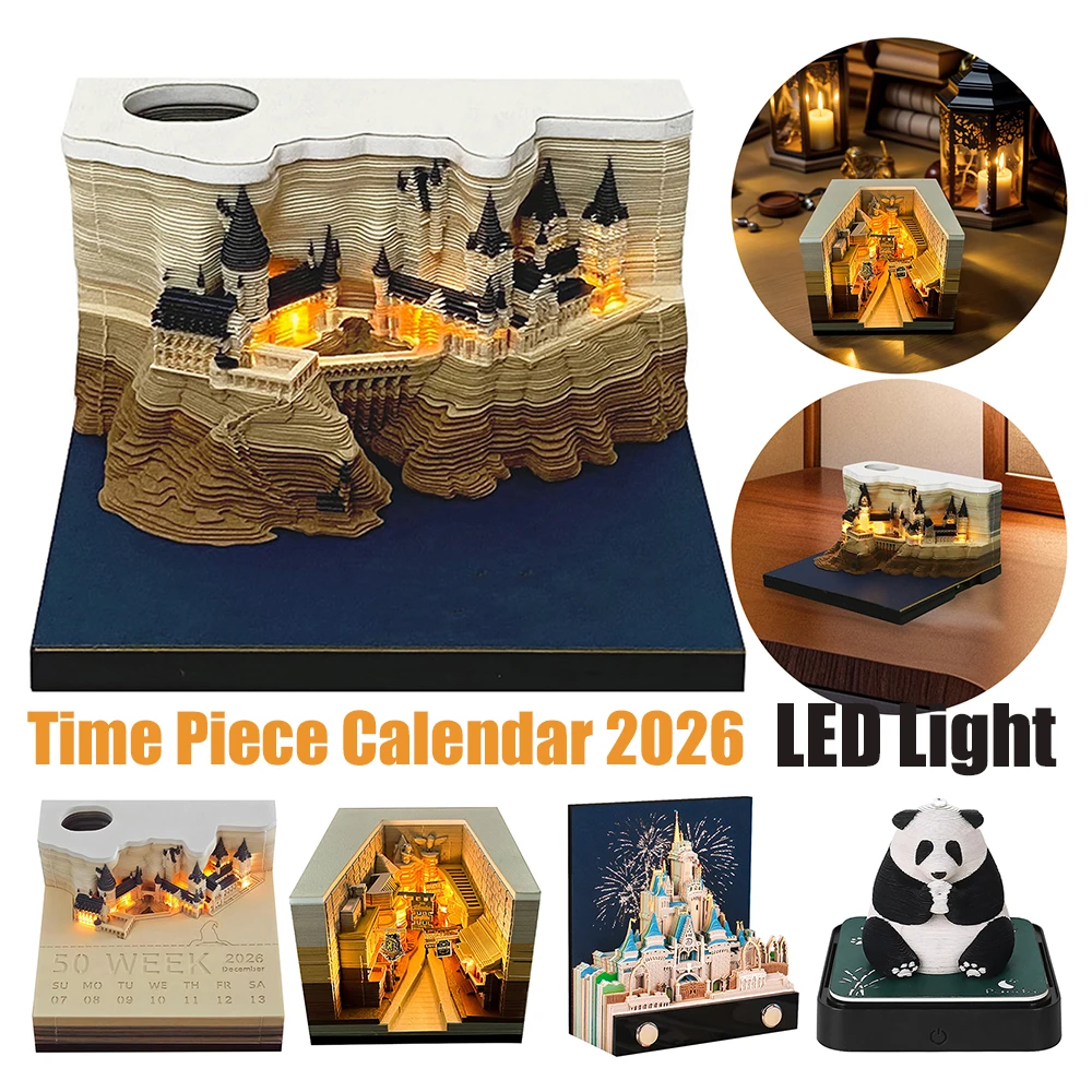 

3D Пейзажный Календарь 2026 Настольный Календарь 9x9 см со светодиодной подсветкой Разрывной Календарь Open The Time Piece с записываемыми блокнотами